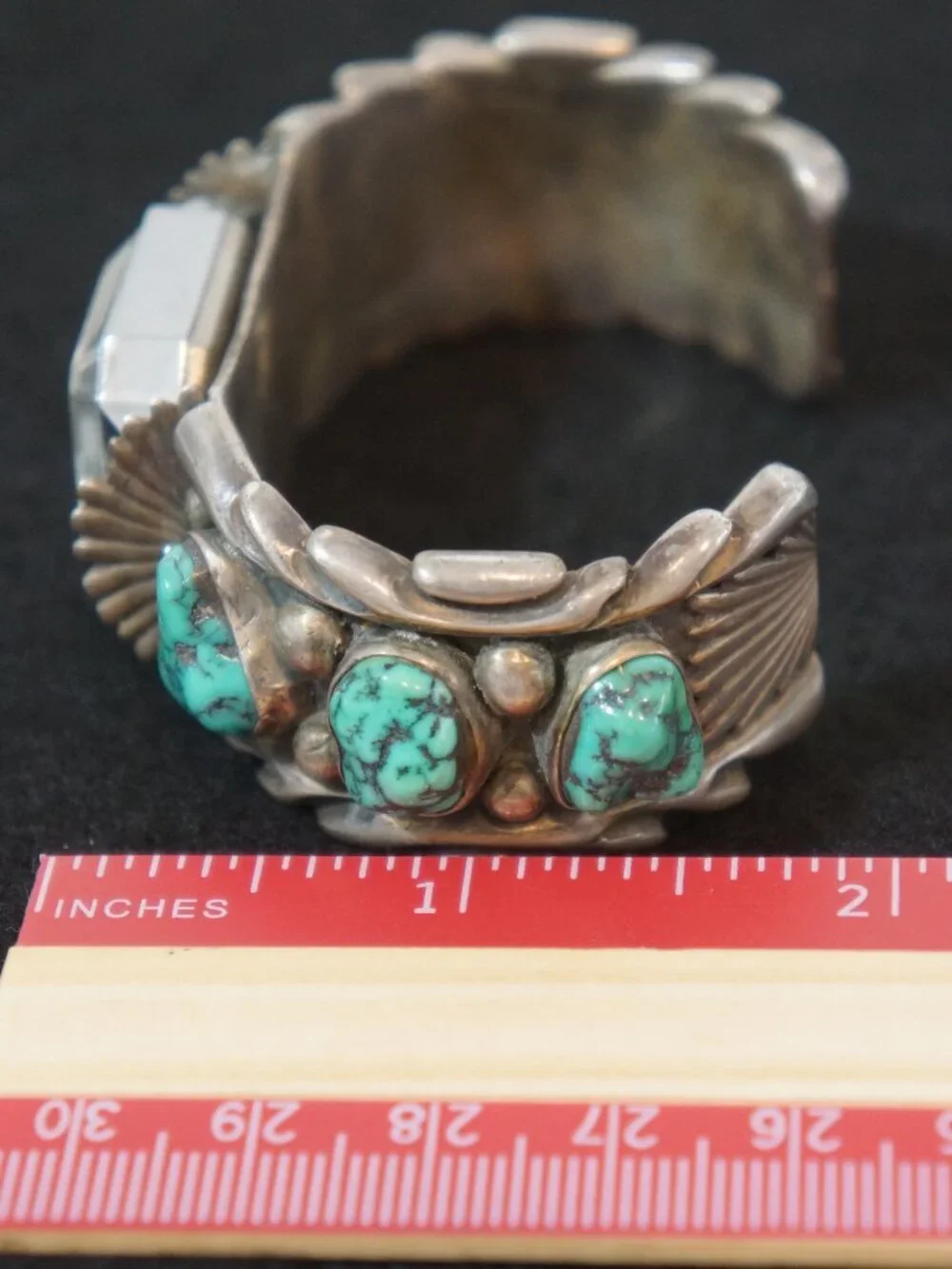 Vintage Navajo Sterling Silver Turquoise Watch Cuff H.Y. Hallmark STATEMENT